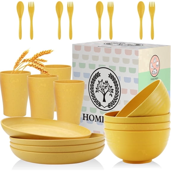 Homienly 20-Piece Wheat Straw Dinnerware Set, Plates, Bowls, Cups & Flatware, Service for 4, Microwave & Dishwasher Safe, Yellow