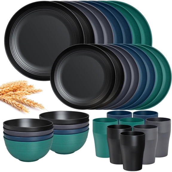 Wheat Straw Dinnerware Sets, Service for 8, 32 PCS Unbreakable Dinnerware,Microwave Dishwasher Safe - Black&Blue