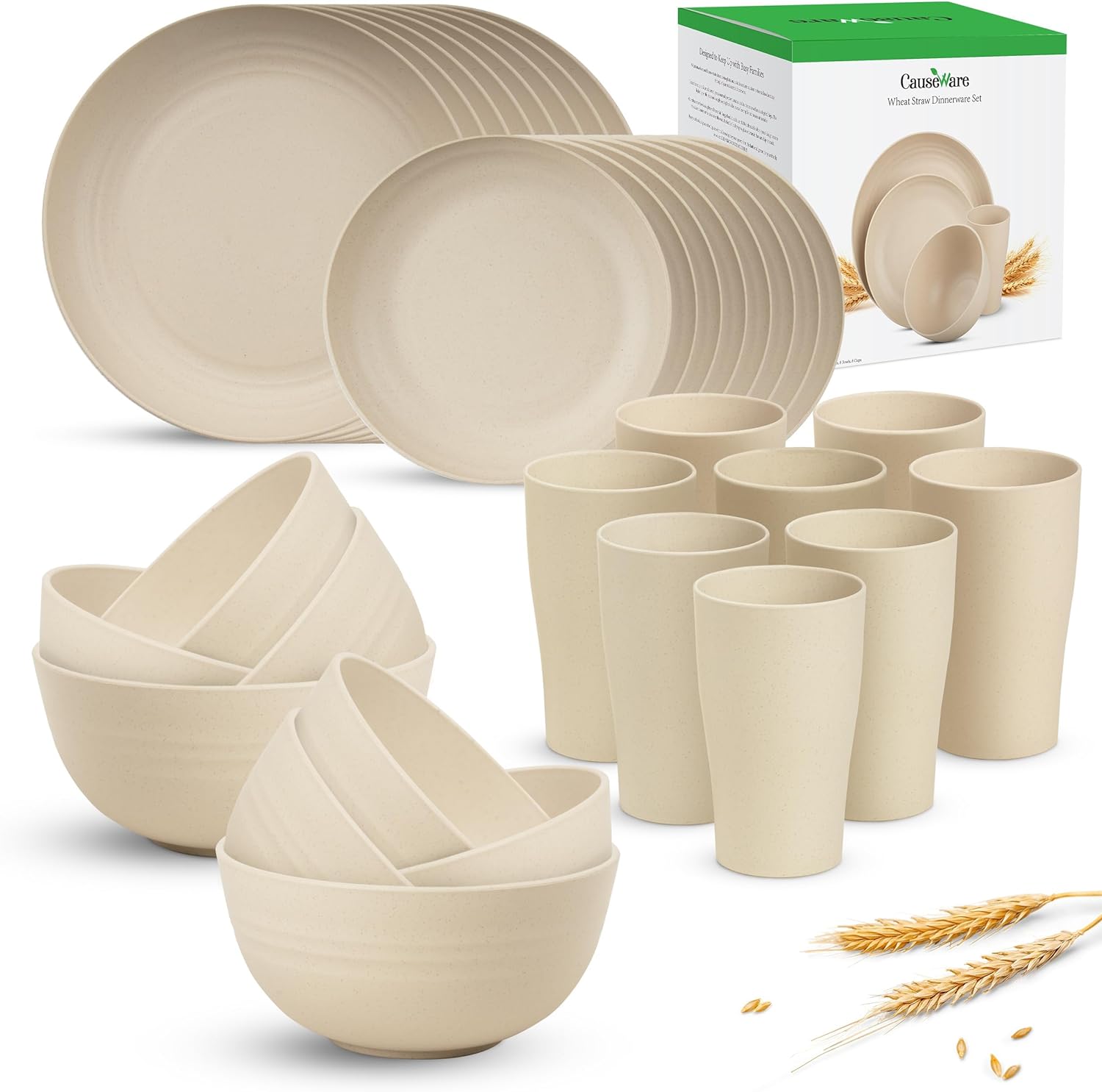 Wheat Straw Dinnerware Sets Service for 8, 32 Piece Unbreakable Dinnerware, Lightweight