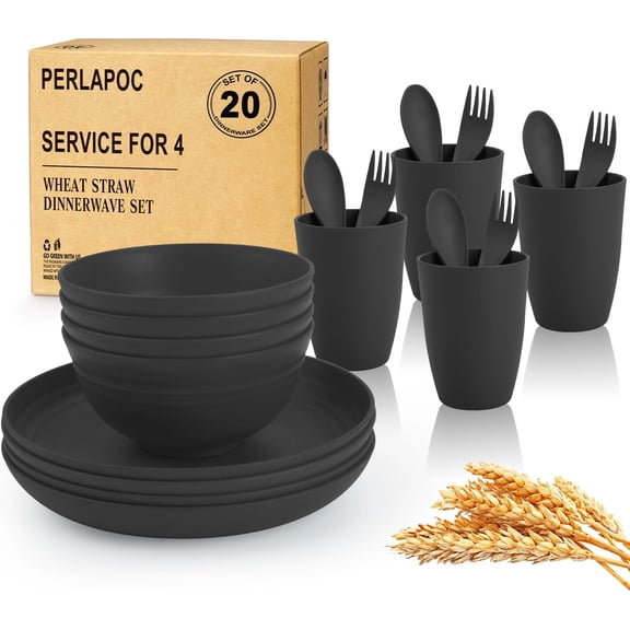 Wheat Straw Dinnerware Sets, Unbreakable Kids Plates and Bowls Sets 20-Piece Service for 4, Alternative Plastic Outdoor Camping Dishes, Microwave & Dishwasher Safe -