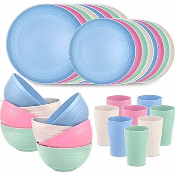Wheat Straw Dinnerware, Wheat Straw Plates and Bowls Sets Dishwasher Safe, Unbreakable Light Weight Plate Service For 8, Reusable Plastic Plate, Include 16pcs Plates, 8pcs Bowls, 8pcs Cups