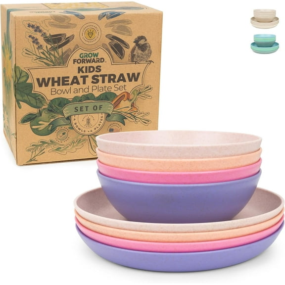 Wheat Straw Kids Plates and Bowls Sets - 8-Piece Unbreakable Dishwasher & Microwave Safe Plastic Plates for Kids - Reusable Non Toxic BPA-Free Dinnerware for Children - Floral