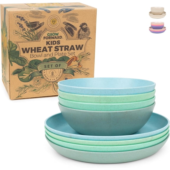 Wheat Straw Kids Plates and Bowls Sets - 8-Piece Unbreakable Dishwasher & Microwave Safe Plastic Plates for Kids - Reusable Non Toxic BPA-Free Dinnerware for Children - Rainforest