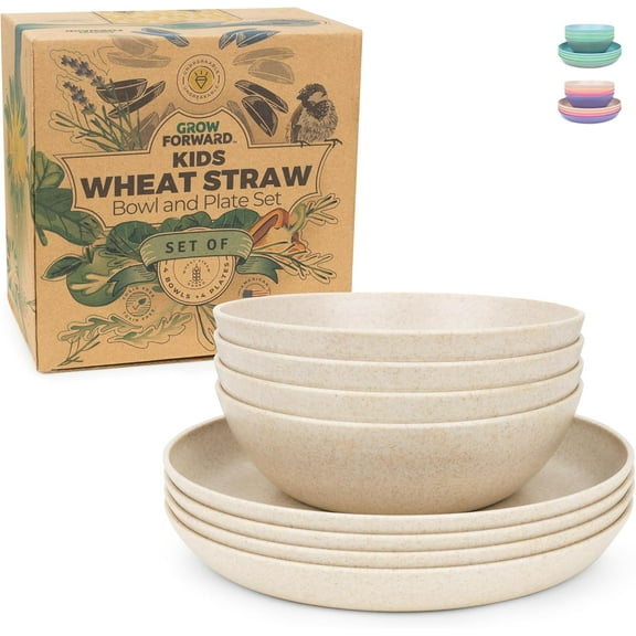 Wheat Straw Kids Plates and Bowls Sets - 8-Piece Unbreakable Dishwasher & Microwave Safe Plastic Plates for Kids - Reusable Non Toxic BPA-Free Dinnerware for Children - Sahara
