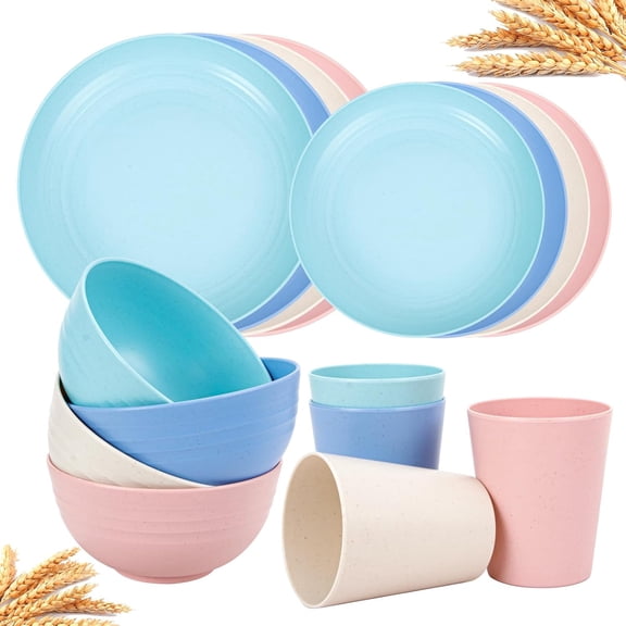 Wheat Straw Plates and Bowls sets, Reusable Plastic Plate Set for 4, Kitchen Wheat Straw Dinnerware Sets (Spring Four Colors) Include Dinner Platos, Dessert Platos, Cereal Bowls, Cups