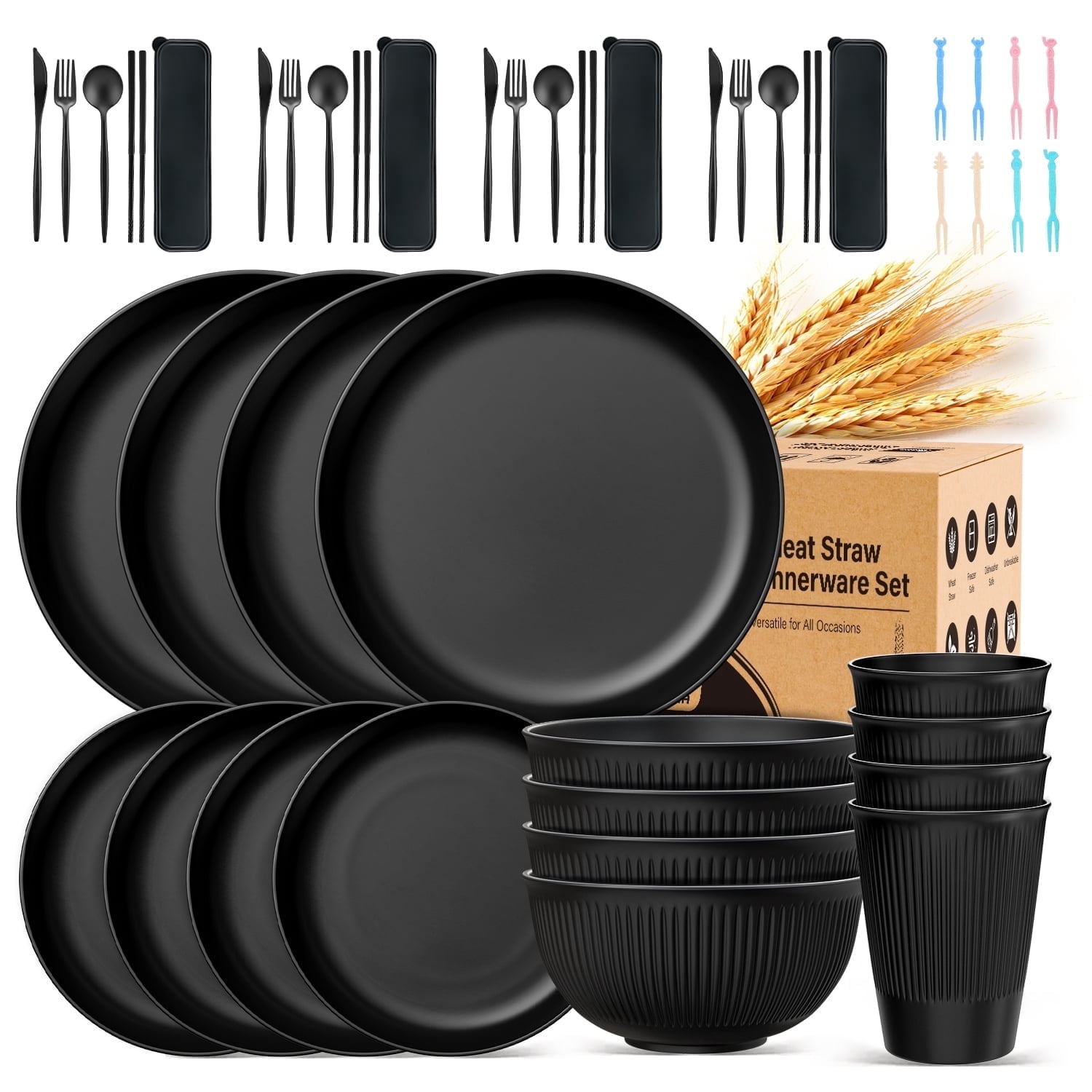 TINANA Wheat Straw Reusable Dinnerware Set, 48pcs Service for 4