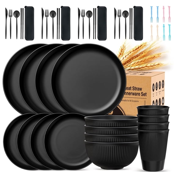 TINANA Wheat Straw Dinnerware Set, Service for 4, 48 PCS Unbreakable Plastic Plates and Bowls Sets, Dishwasher Microwave Safe, Black