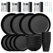 TINANA Wheat Straw Dinnerware Set, Service for 4, 48 PCS Unbreakable Plastic Plates and Bowls Sets, Dishwasher Microwave Safe, Black
