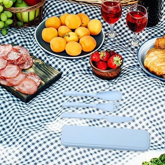 Wheat Straw Travel Utensil Set | 4-Piece Portable Cutlery with Case | Reusable Knife Fork Spoon | Eco-Friendly Plastic for Outdoor Camping Picnic Office Student Use