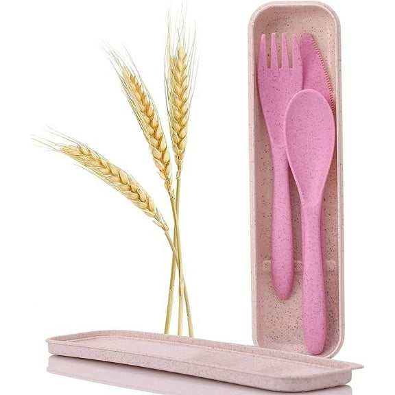 Wheat Straw Travel Utensils Set with Case - Kids Cutlery Set - BPA Free Portable Silverware for Lunch Box - Fork Spoon Knife Set with Case - Eco Friendly - Reusable