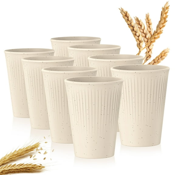 GPED Wheat Straw Unbreakable Cups Set of 8, 12 OZ Drinking Glasses, Reusable Plastic Cups, Drinking Cups, Dishwasher Safe Water Glasses, Beige
