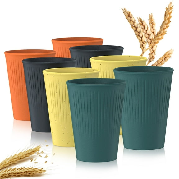 GPED Wheat Straw Unbreakable Cups Set of 8, 12 OZ Drinking Glasses, Reusable Plastic Cups, Drinking Cups, Dishwasher Safe Water Glasses, Multicolor