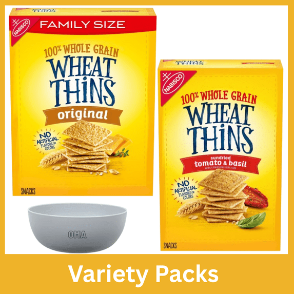 Wheat Thins Original Whole Grain Wheat Crackers 14 oz & Sun-Dried Tomato Basil Whole Grain Crackers 8.5 oz Variety Pack Bundle with Free Bowl by OMA