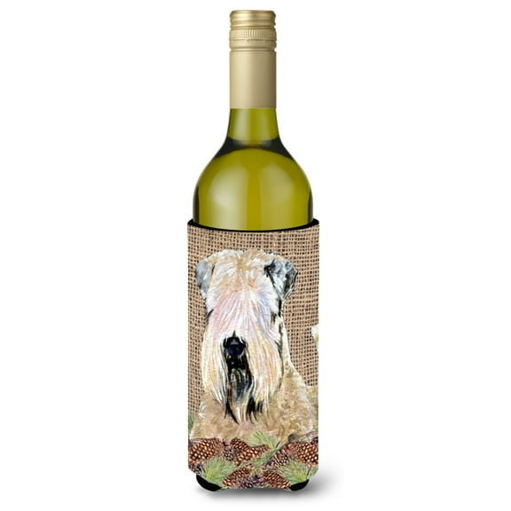 Wheaten Terrier Soft Coated on Faux Burlap with Pine Cones Wine Bottle Hugger