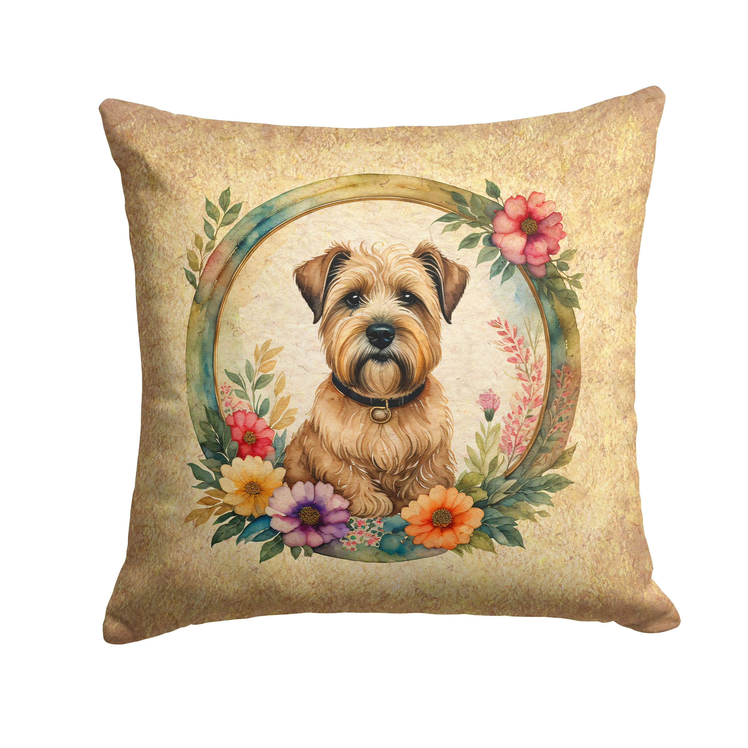 Wheaten Terrier and Flowers Fabric Decorative Pillow 14 in x 14 in