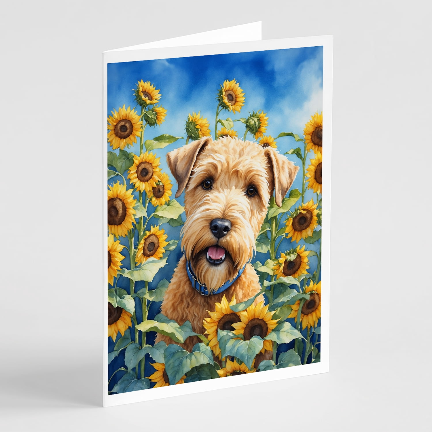 Wheaten Terrier in Sunflowers Greeting Cards Pack of 8 7 in x 5 in