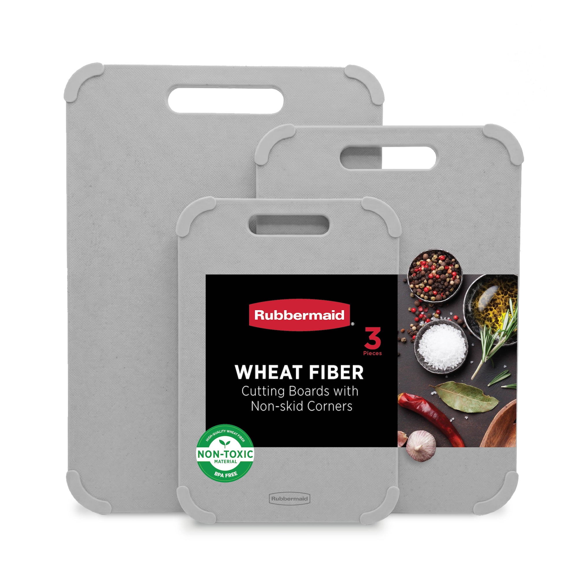 Rubbermaid 3-Piece Wheat Fiber Cutting Board Set with Non-Skid Corners, Light Gray