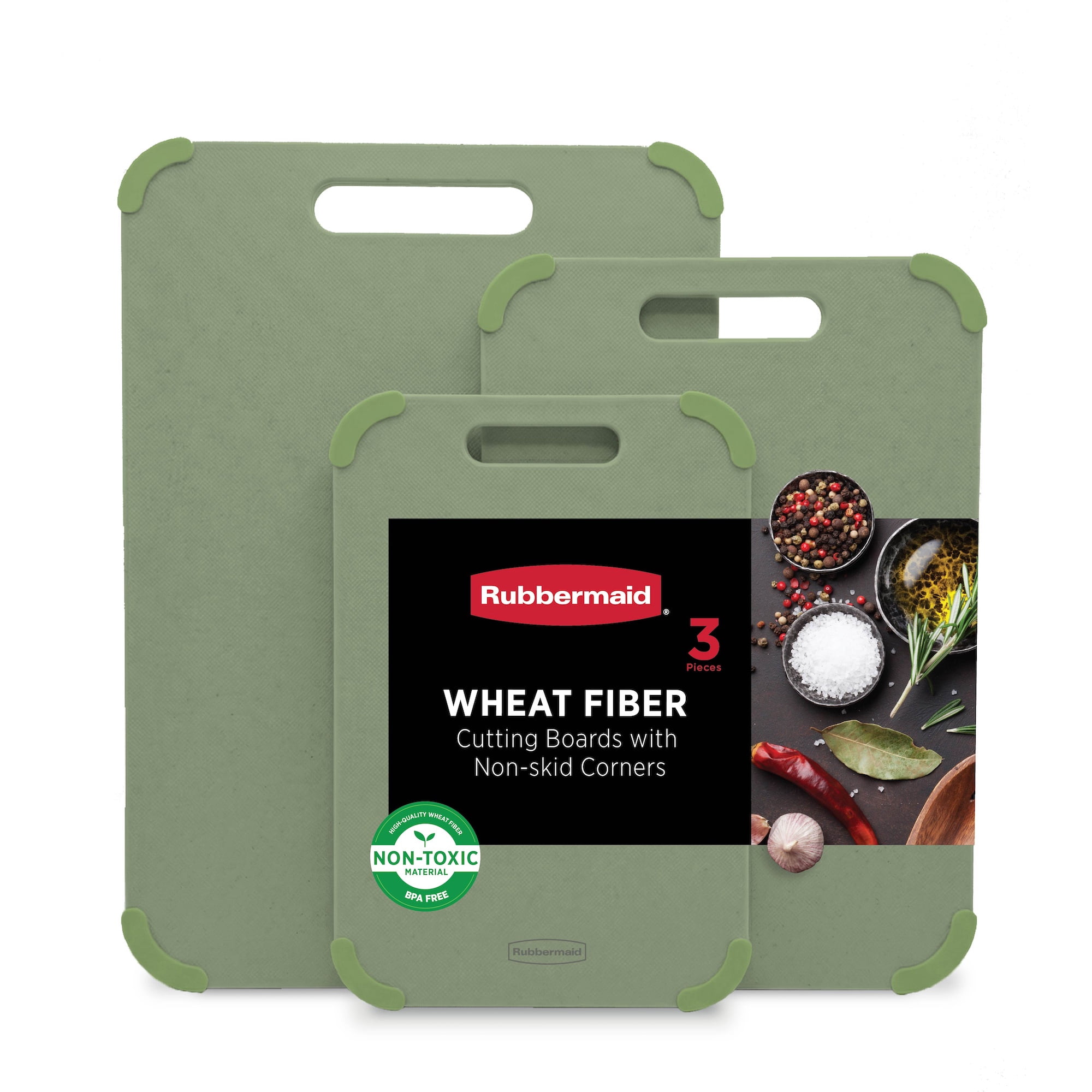 Rubbermaid 3-Piece Wheat Fiber Cutting Board Set with Non-Skid Corners, Pastel Green