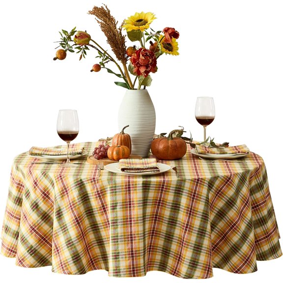 Wheatfield Golden Yellow Tartan Plaid Cotton Blend Tablecloth, 70 Inch Round, Fall Red Green Check Farmhouse Table Cover, Rustic Thanksgiving Harvest Dining Decor