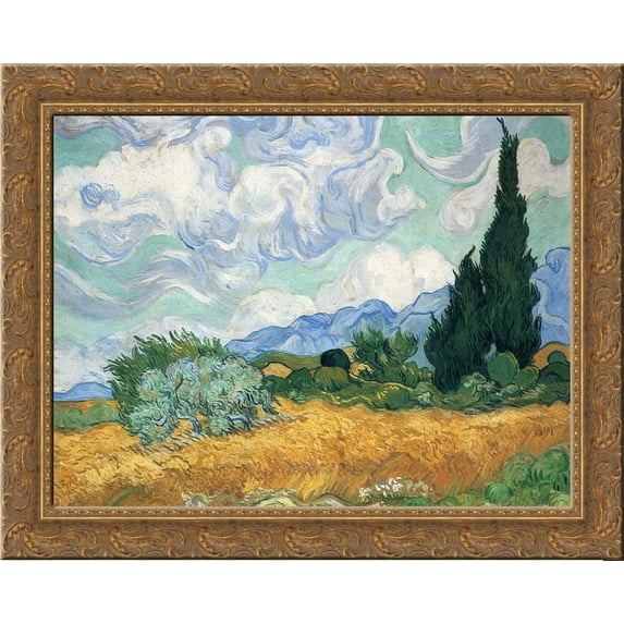 Wheatfield with cypress tree 24x20 Gold Ornate Wood Framed Canvas Art by Vincent van Gogh