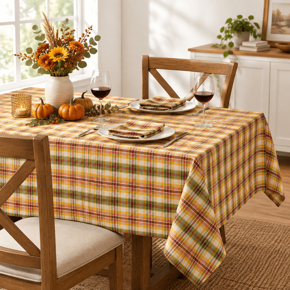 Wheatfielden Yellow Tartan Plaidton Blend Tablecloth 60 X 120 Inch Rectangular Fall Red Green Check Farmhouse Table Cover Rustic