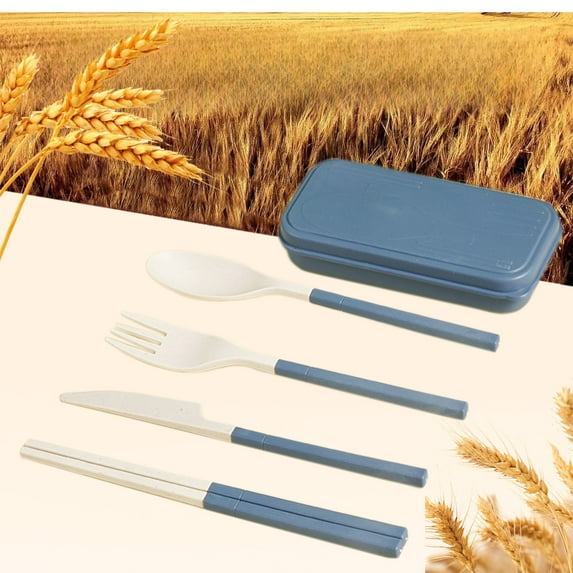 Wheats Straw Travel Utensils Set, 4 Piece Reusable Folding Knife/Fork/Spoon/Chopsticks, With Portable Case, Lightweight, Easy To Clean, For Camping/Picnic/Office/Outdoor Activities