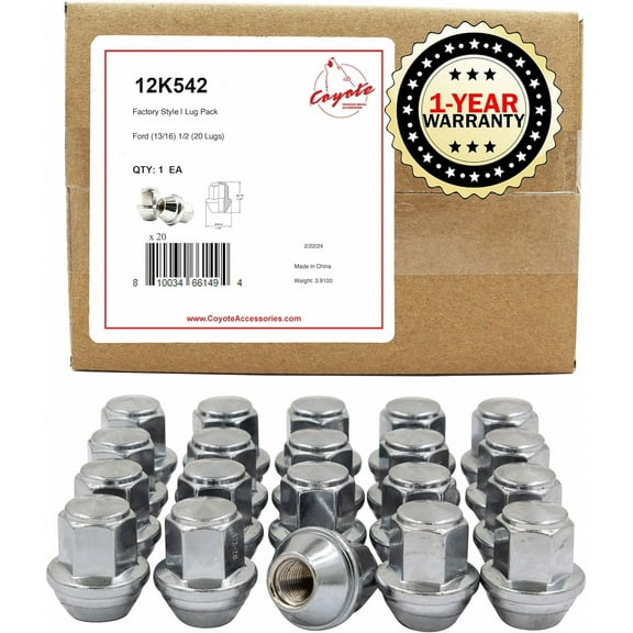 Wheel Accessories Parts 20 Pcs 1/2"-20 Thread OEM Factory Style Replacement Lug Nuts 1.45" Long Chrome 13/16" Hex 21mm Hex Fits 2006-14 Ford Mustang 9R3Z-1012-A | 611-292