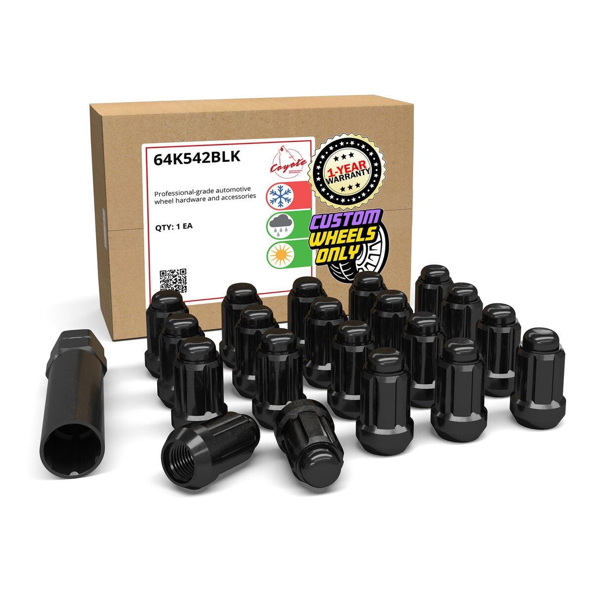 Wheel Accessories Parts 20 Pcs 1/2" Thread Car Spline 1.38" Long Lug Nut Black Fits Ford Mustang 1965 to 2014 and Many Vintage Dodge Chevy Ford Vehicles