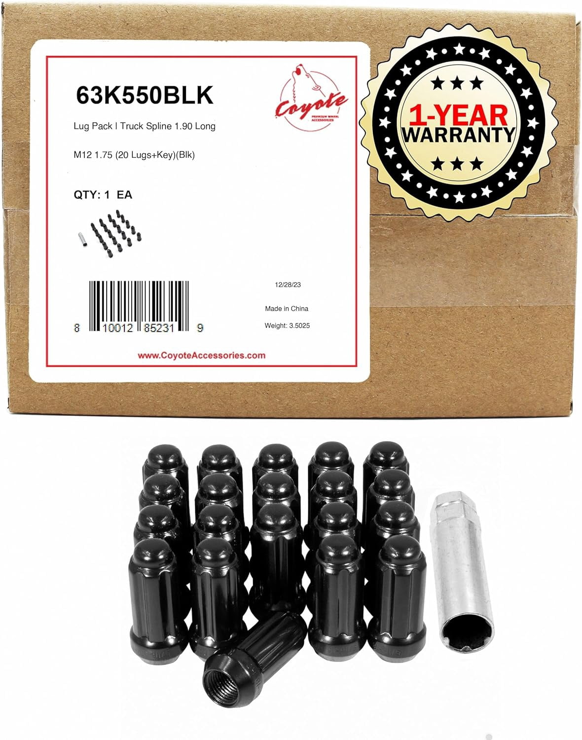20) 1/2-20 Black Acorn Open-End Type 25mm + 1 key Lug Nuts Fits Ford Mustang