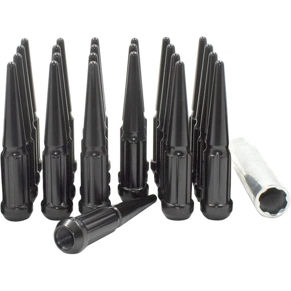 Wheel Accessories Parts 24 Pcs 1/2" Thread Lug Nuts Spike Spline Solid Metal Truck Spline 4.40" Long Black Chrome Fits Jeep J10 J20 1991-05 Dodge Dakota 1998-03 Durango Viper