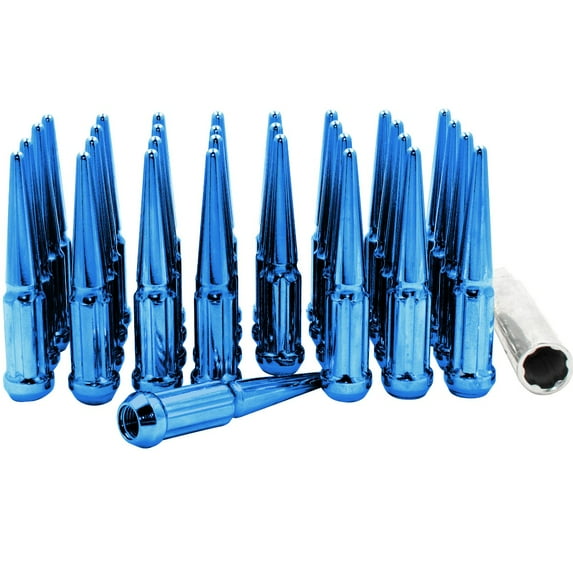 Wheel Accessories Parts 32 Pcs 14mm 1.50 Thread Spike Spline Solid Metal 4.40 Long Lug Nuts Blue Truck Spline Fits 1999+ Chevy Silverado GMC Sierra 2500 3500 Ford 2005+ F250 F350 2011+ Ram 2500 3500