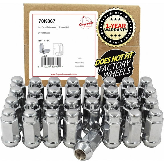 Wheel Accessories Parts 32 Pcs 9/16"-18 Thread Bulge Acorn 1.90" Long Lug Nuts Chrome 3/4" 19mm Hex Fits 1994-11 Ram 2500 3500 1975-97 Ford F250 F350 Chevy GMC C20 K20 C2500 C3500