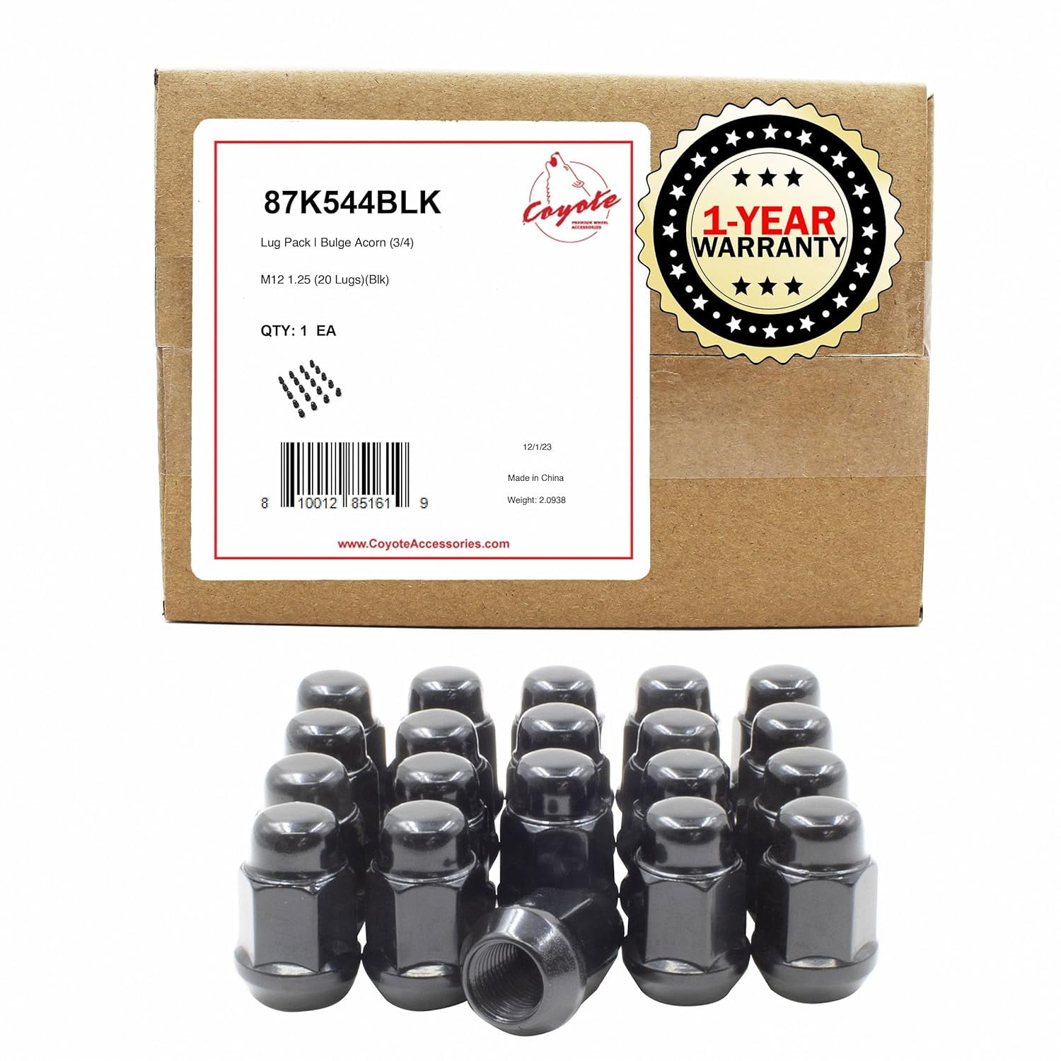 Wheel Accessories Parts Set of 20 Black 12x1.25 Lug Nuts Closed End Bulge Acorn Lug Nut Style 1.38" Long Cone Seat 19mm (3/4") Hex Wheel Lug Nut (M12x1.25, Black