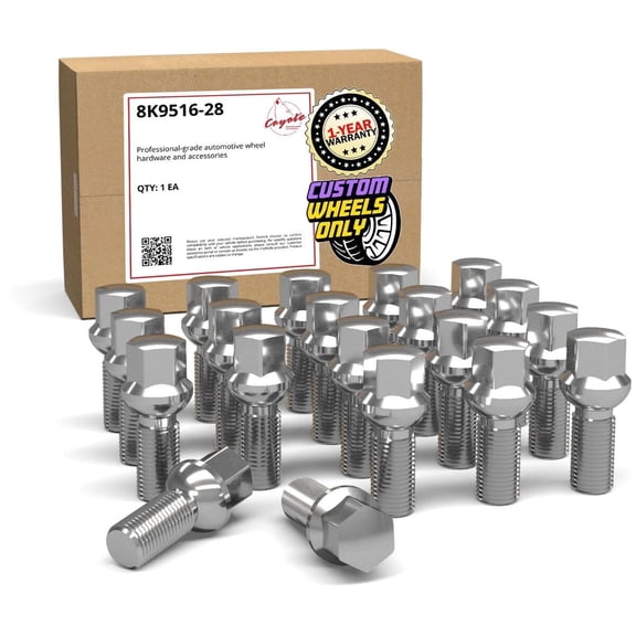 Wheel Accessories Parts Set of 20 Chrome 14x1.5 Lug Bolts Ball Seat (R12) 28mm Shank Length, M14 1.5 Thread, 17mm Hex Wheel Lug Bolts with Dual Hex Key (20, Chrome, M14x1.5)