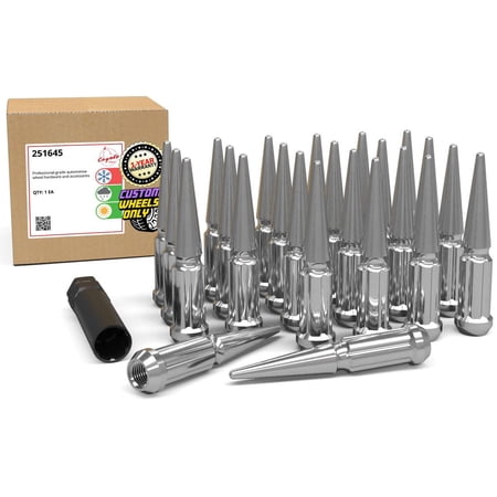 Wheel Accessories Parts Set of 24 Chrome Spiked Solid Metal Lug Nuts M12x1.5 Thread 4.4 Inch Tall Closed End Bulge Acorn Spike Lug Nut 1 Long Socket Key for Ford Bronco Toyota Tacoma 4Runner