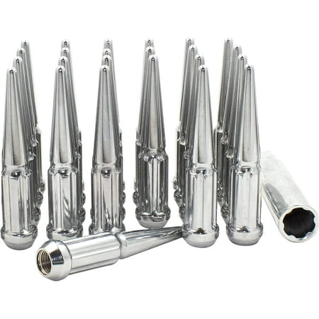 Wheel Accessories Parts Set of 24 Chrome Spiked Solid Metal Lug Nuts M12x1.5 Thread 4.4 Inch Tall Closed End Bulge Acorn Spike Lug Nut 1 Long Socket Key for Ford Bronco Toyota Tacoma 4Runner