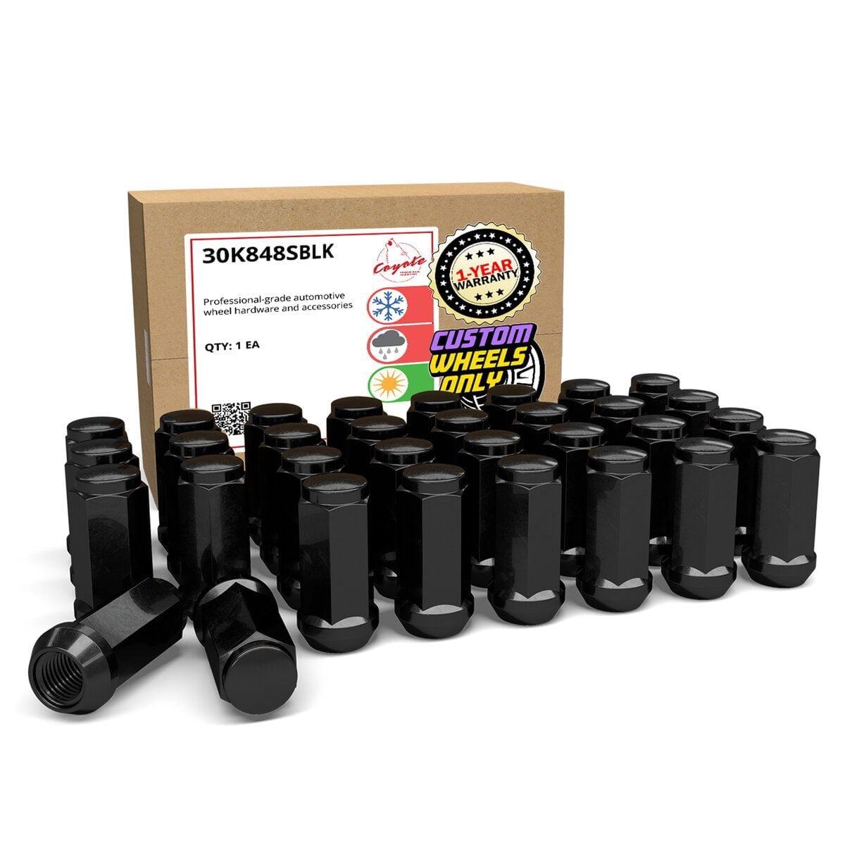 Wheel Accessories Parts Set of 32 Black 14x1.5 Lug Nuts Closed End Bulge Acorn Lug Nuts Set Cone Seat 19mm (3/4") Hex, 1.75" Long, M14x1.5 Thread (Black, 32 PC)