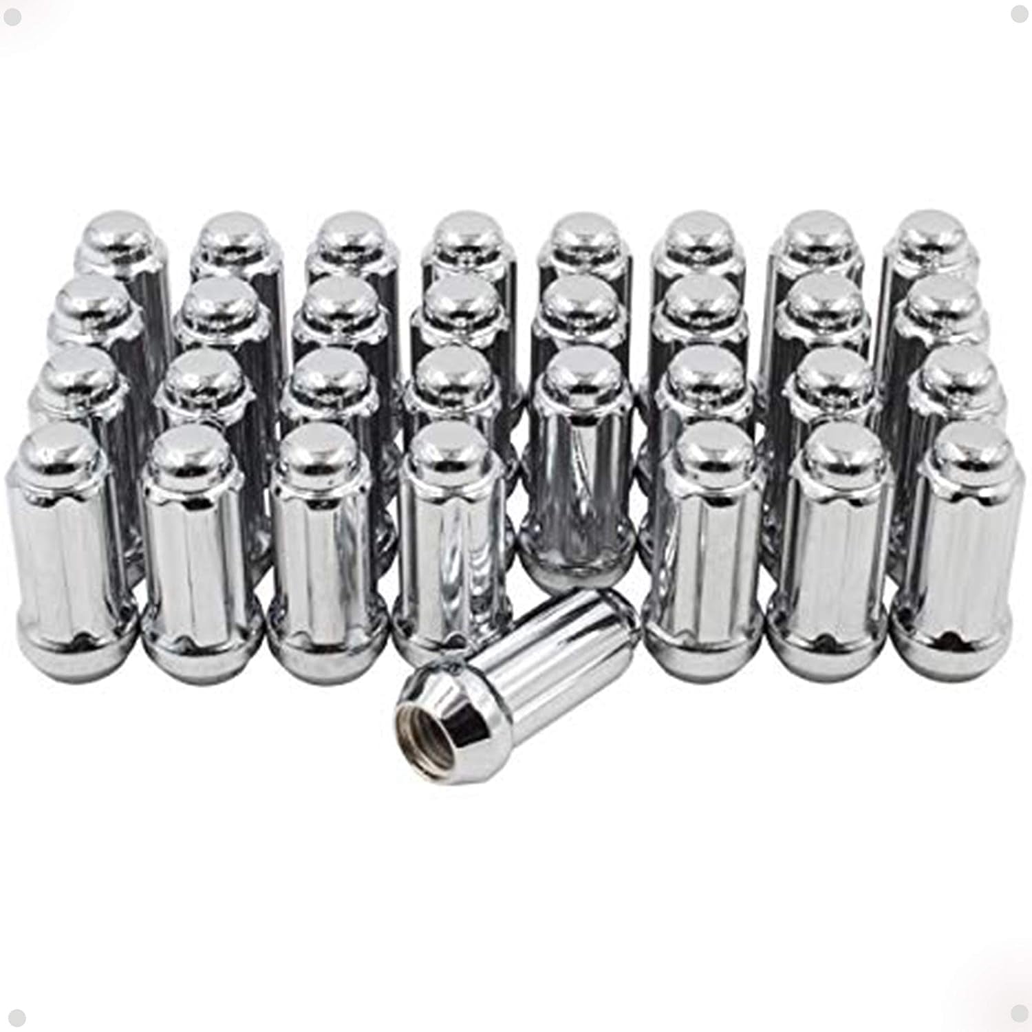Wheel Accessories Parts Set of 32 Bulge Cone Seat M14x2.0 Lug Nuts 2.25" Long with Spline Tuner Closed End Small Diameter Key Included (Chrome, 32 PC, 14x2)