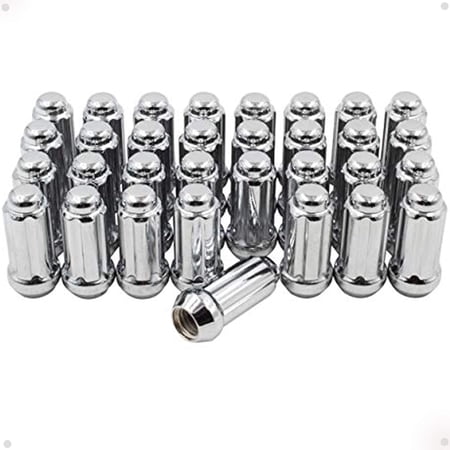 Wheel Accessories Parts Set of 32 Bulge Cone Seat M14x2.0 Lug Nuts 2.25" Long with Spline Tuner Closed End Small Diameter Key Included (Chrome, 32 PC, 14x2)