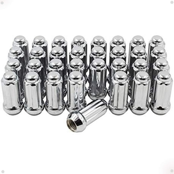 Wheel Accessories Parts Set of 32 Bulge Cone Seat M14x2.0 Lug Nuts 2.25" Long with Spline Tuner Closed End Small Diameter Key Included (Chrome, 32 PC, 14x2)