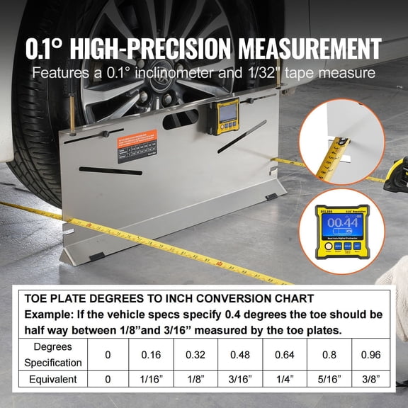 Wheel Alignment Tool 2-Pack Toe Plates Camber Caster Toe Gauge 0.1 Degree Accuracy Stainless Steel Tool Plate Magnetic Slots and 6 Alignment Rods Includes 2 Measuring Tapes and Conversion Chart