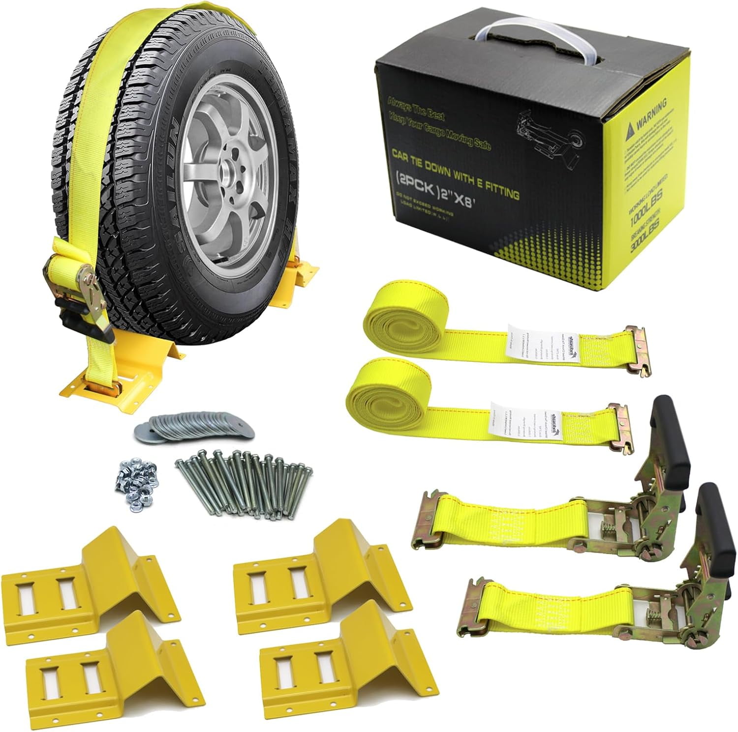 Wheel Chock Tie Down Kit Trailer Tire Straps System for ATV, UTV, Lawn Mower and More