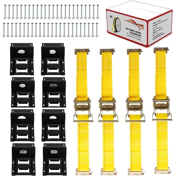 Wheel Chock Tie Down kit 4500lb Break Strength-4 2" x9' E Track Straps- Trailer Strap System for ATV,UTV,