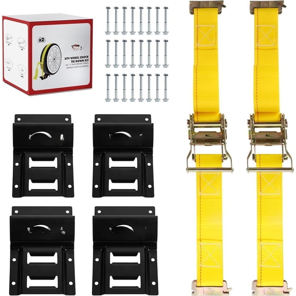 Wheel Chock Tie Down Kit (4,500lb Break Strength) Trailer Straps System for ATV, UTV, & - Ratchet Tie Downs Accessories with E Track for Four Wheeler