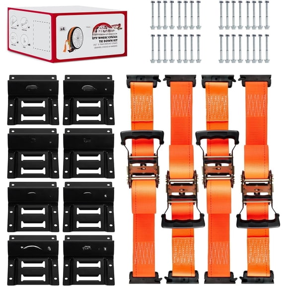 Wheel Chock Tie Down Kit (4500lb Break Strength) Trailer Straps System for ATV, UTV, & - Ratchet Tie Downs Accessories with E Track for Four Wheeler