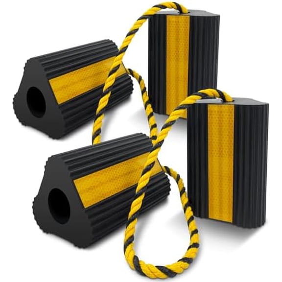 Wheel Chocks (2pair/4pack with Rope) for RV Trailer Camper Aircraft, Versatile Rubber Wheel Chocks Block with 3 Reflective Strips, Wheel Immobilizers & Chocks