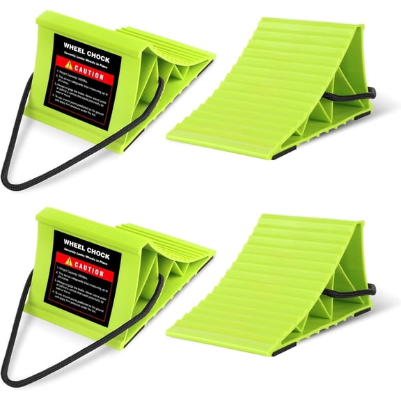 Wheel Chocks 4-Pack, Hard Plastic RV Tire with Rope for Easy Removal, Non-Slip Stoppers Block Trailers, Trucks, Ramps, Workshops and Uneven Ground