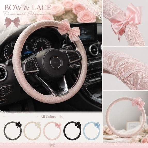 Wheel Cover, Cute Steering Wheel Cover, Car Decor for Women, Car Accessories for Women Interior, 15 Inch Circular Breathable Summer Steering Wheel Cover, Black Bow Decor Universal
