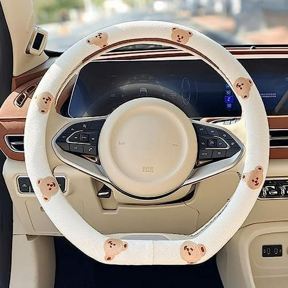 Wheel Cover Flax Microfiber Steering Wheel Covers for Women Fit 15 Inch Car Cute Bow Tie Anti-Slip Breathable Absorbing Sweat Cover, Type-D-Bear