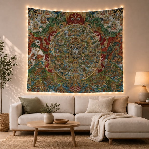 Wheel of Life Mandala With Snow Lion, Mystical Illustration for Spiritual Decor Lovers, Buddhist Wall Art, Housewarming Gift, Tapestry Wall Hanging for Bedroom and Meditation Room